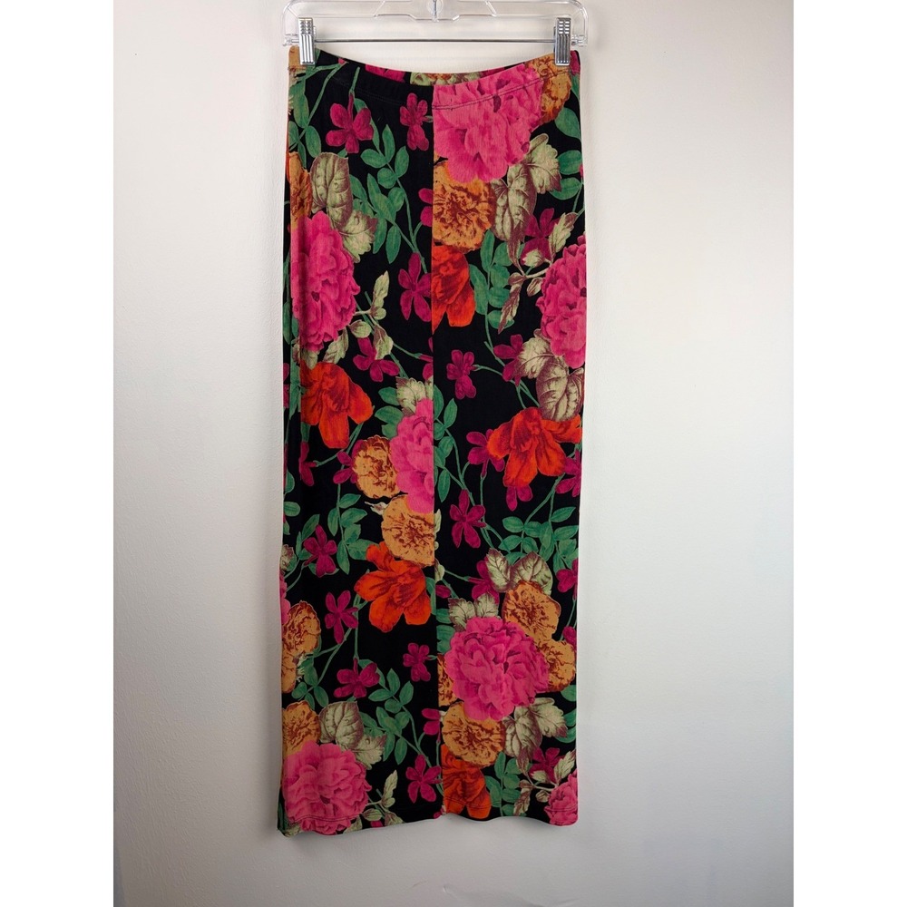 West End Maxi Skirt S Black Floral 90s Slinky Acetate Stretch Long Straight Boho - Picture 4 of 5
